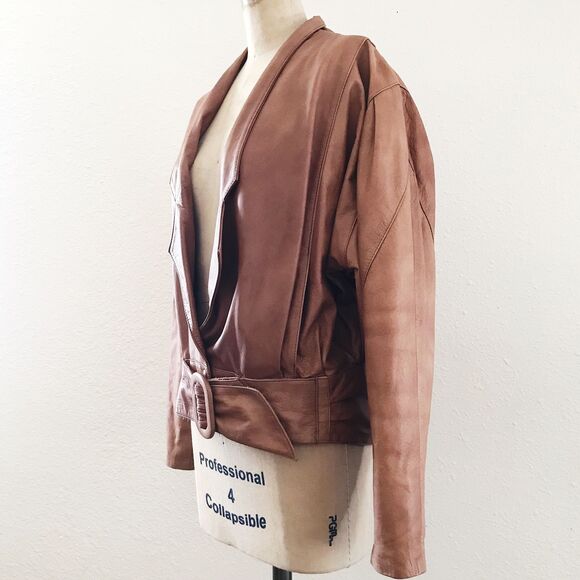 Vintage 1980s Brown Cropped Long Dolman Sleeve Belted Leather Jacket - M/L - Picture 5 of 8